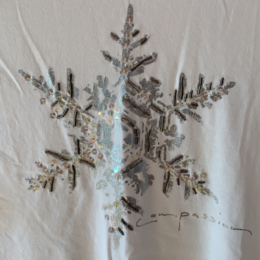 J. Jill Women's White Long Sleeve Tee with Silver and Beaded Snowflake (NWOT) - Picture 2 of 5